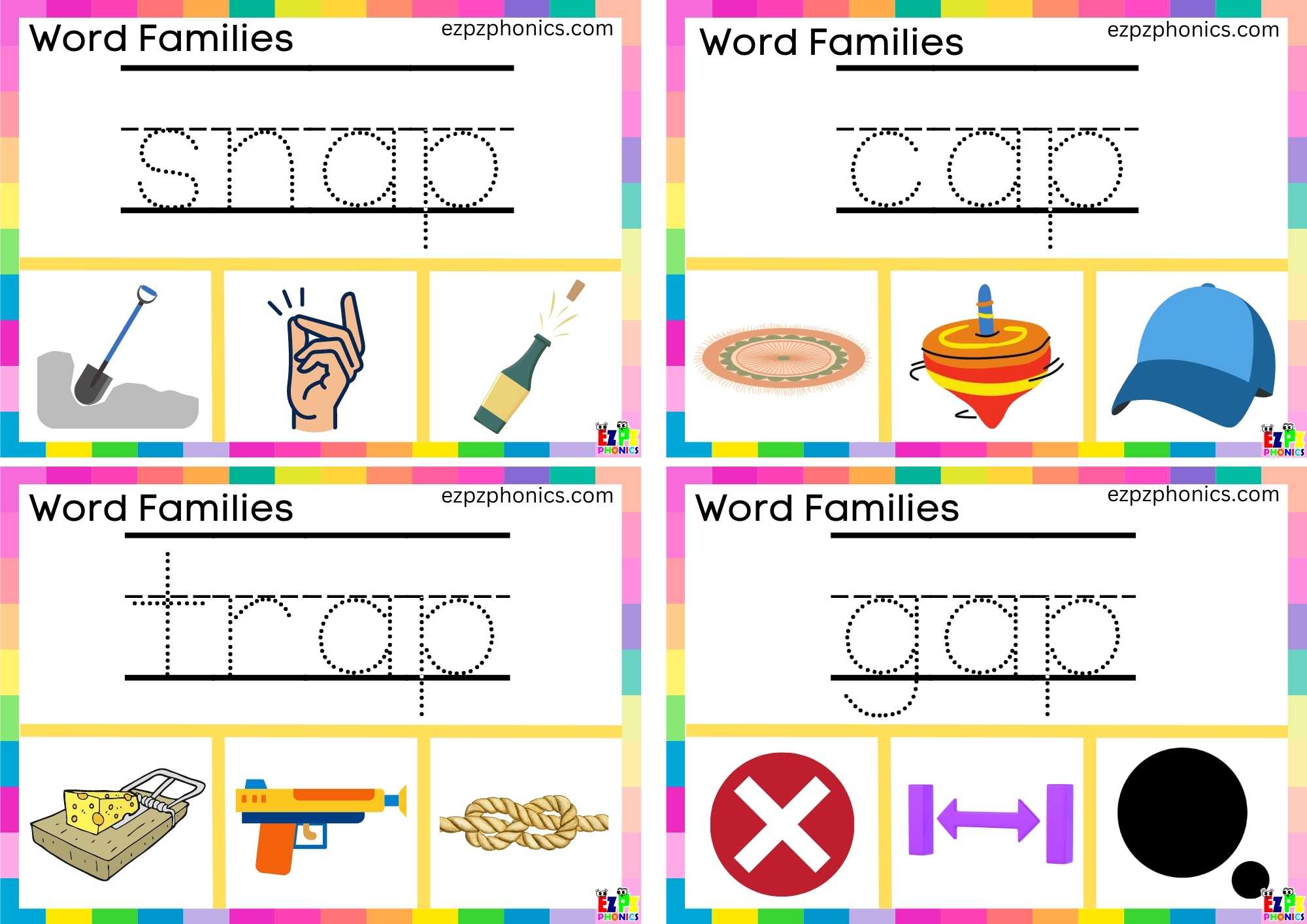 Word Family ap Write the words and clip the correct image clip cards. This set includes the words; snap, cap, trap, and gap